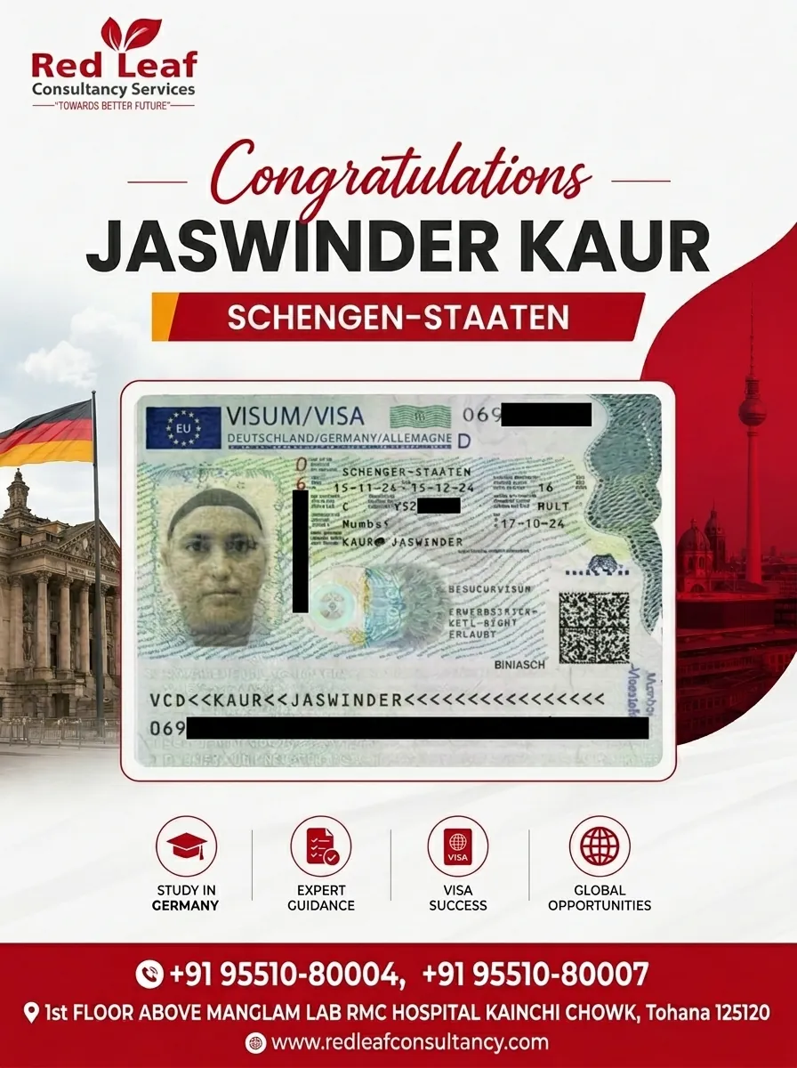 Jaswinder Kaur — Germany Schengen visa — Red Leaf Consultancy.