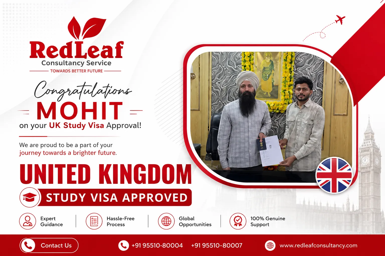 United Kingdom study visa approval for Mohit — Red Leaf Consultancy.
