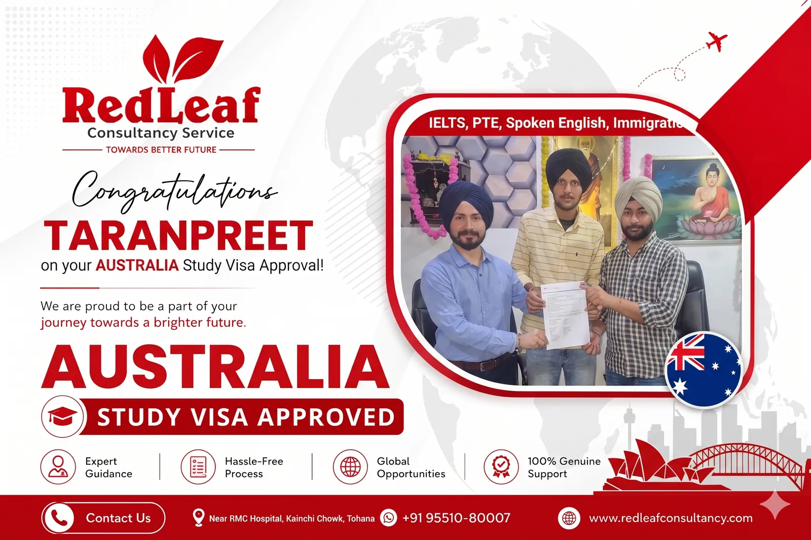 Australia study visa approval for Taranpreet — Red Leaf Consultancy.