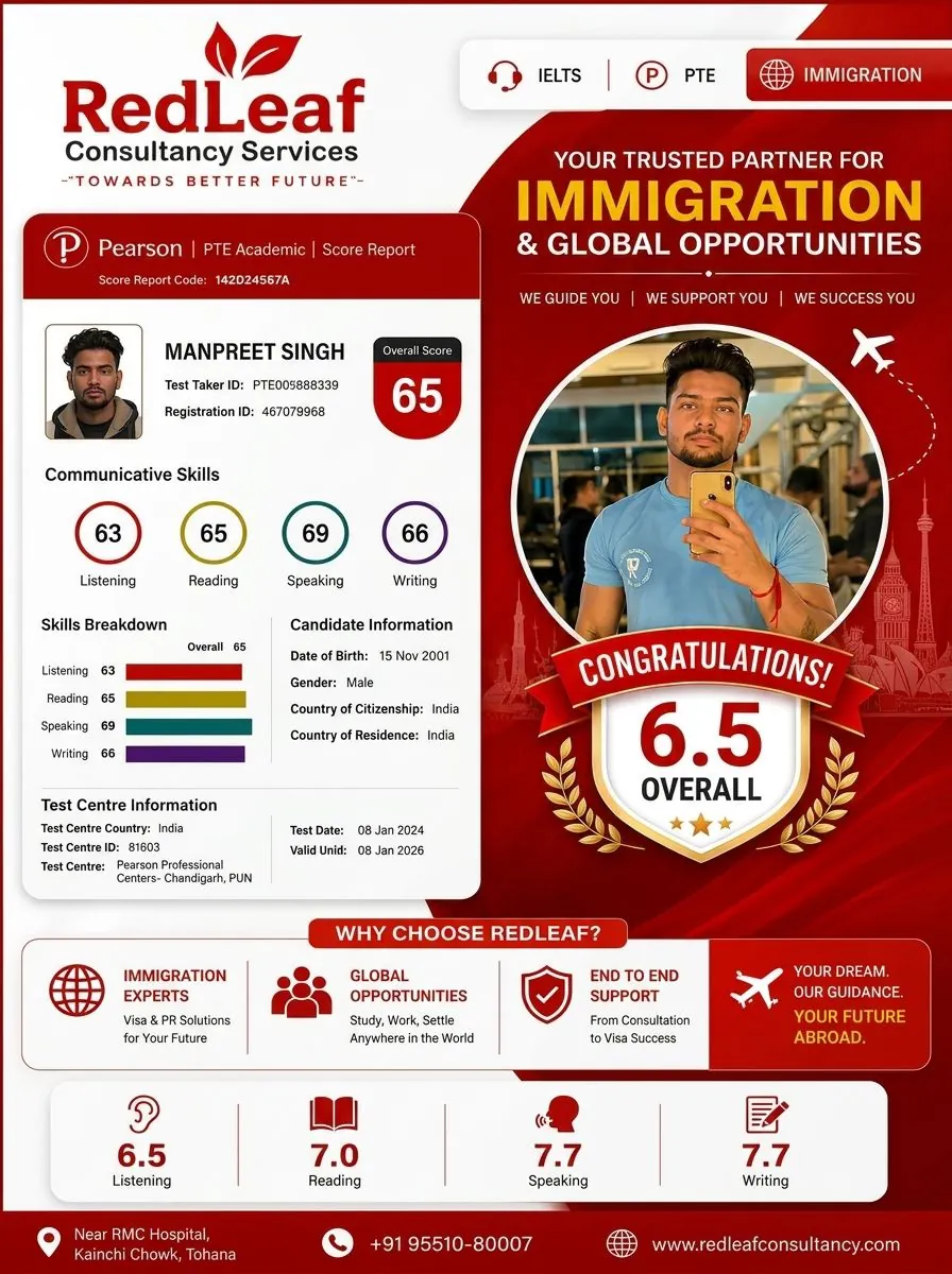 Manpreet Singh — PTE Academic overall 65 · Red Leaf Consultancy.