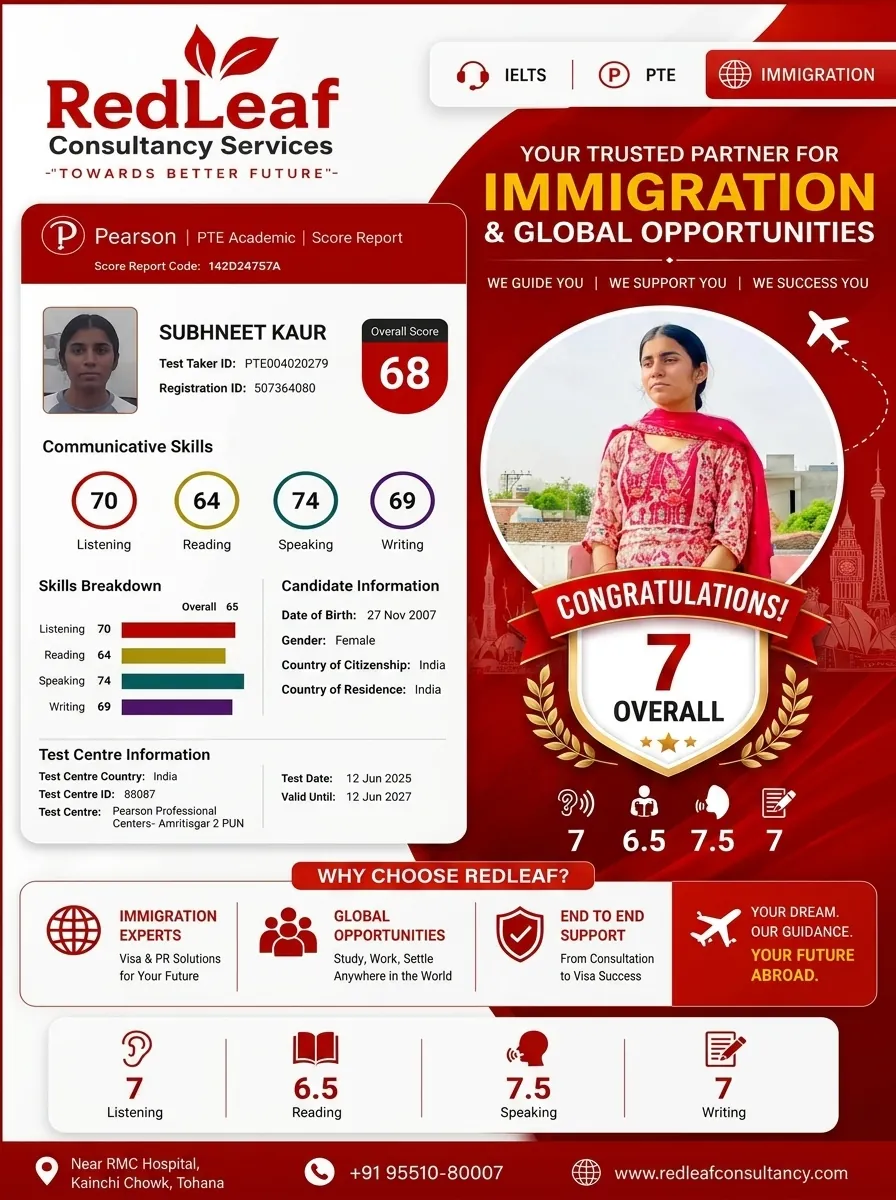 Subhneet Kaur — PTE Academic overall 68 · Red Leaf Consultancy.