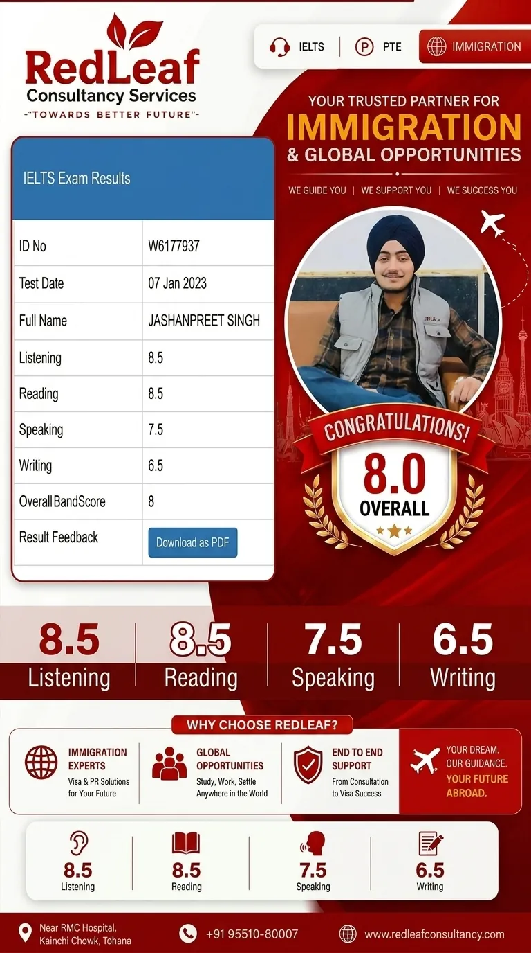 Jashanpreet Singh — IELTS overall band 8 · Red Leaf Consultancy.