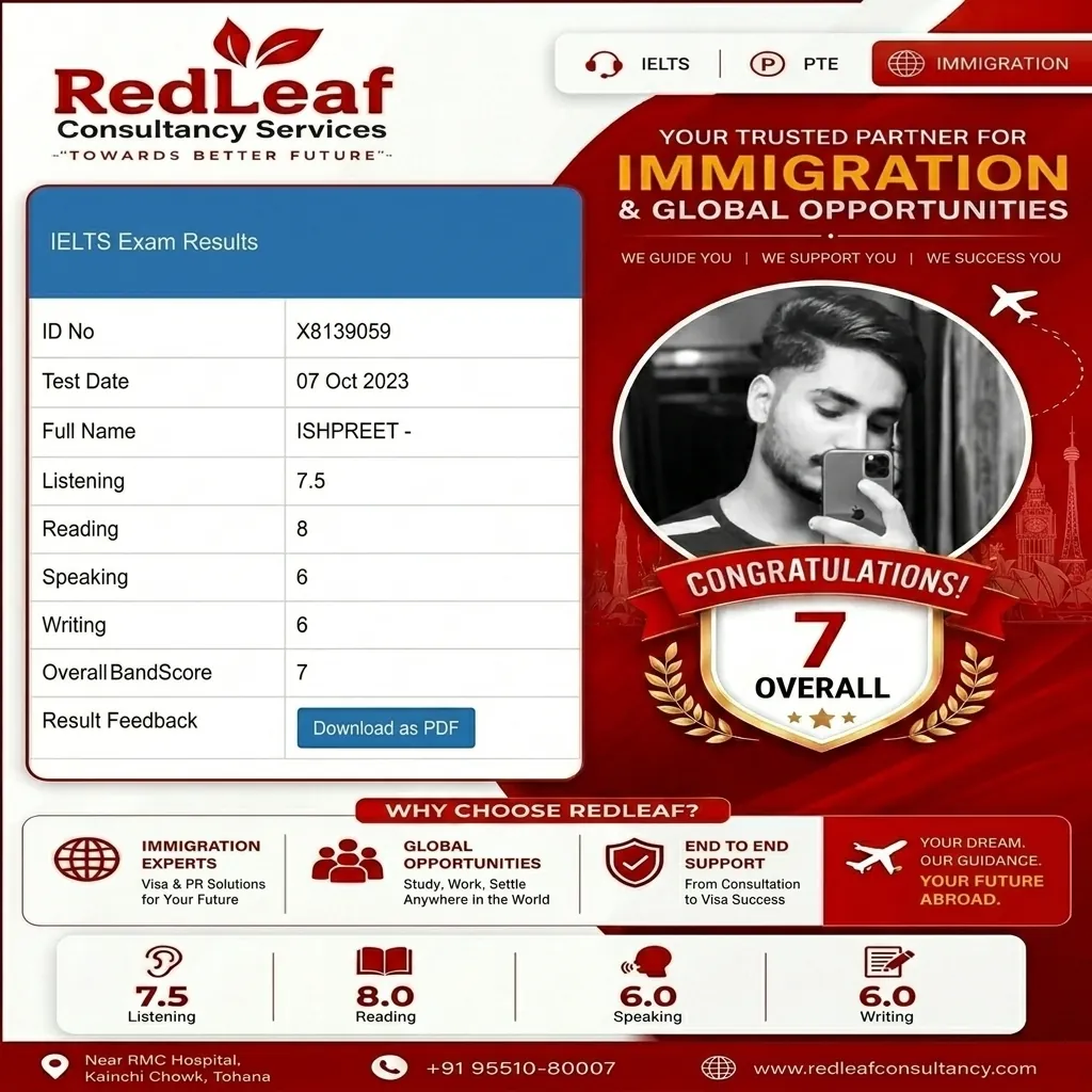 Ishpreet — IELTS overall band 7 · Red Leaf Consultancy.