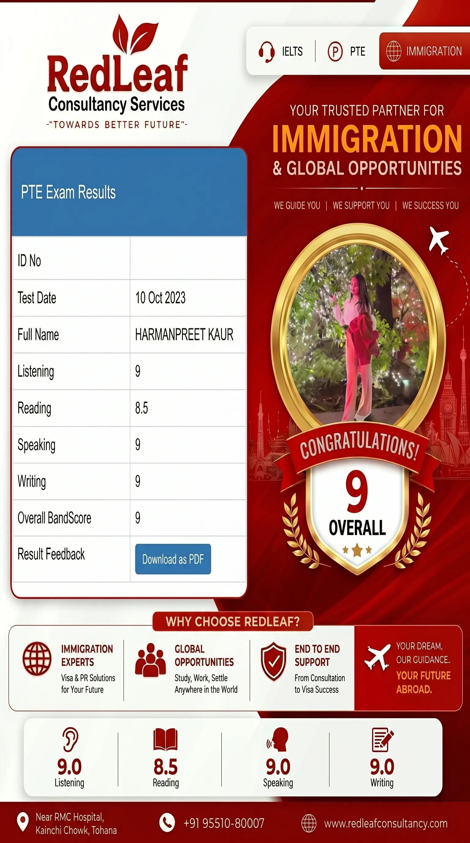 Harmanpreet Kaur — PTE Academic overall 90 · Red Leaf Consultancy.